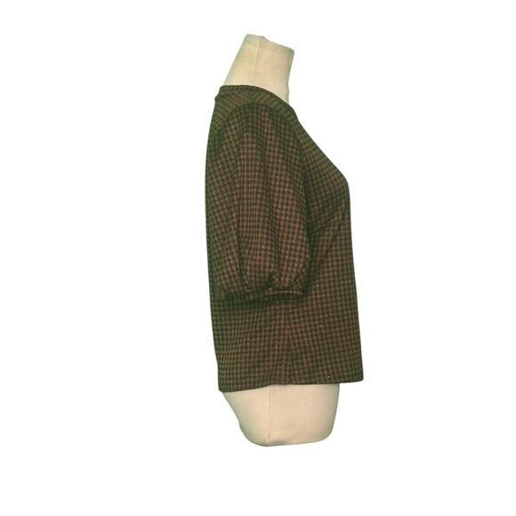 IRIS brown plaid puff short sleeves top size Medium - Picture 7 of 8